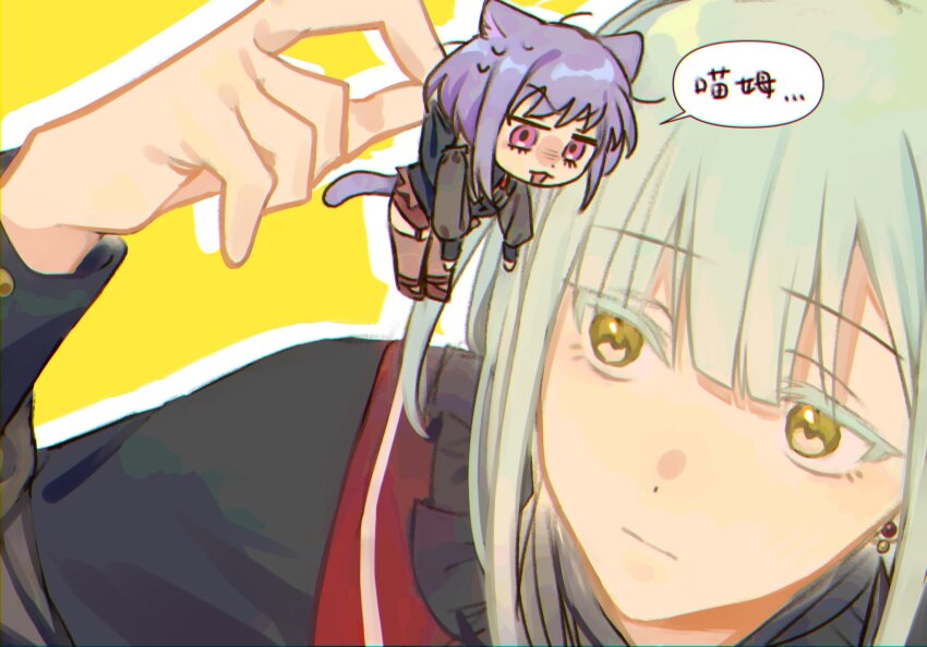 2girls :3 amoris_(bang_dream!) animal_ears bang_dream! bang_dream!_it&#039;s_mygo!!!!! black_shirt brown_shoes buttons cat_ears cat_girl cat_tail chibi close-up clothes_grab collar colored_eyelashes colored_shadow commentary dot_nose drop_shadow earrings elan_ouo expressionless frilled_collar frills garter_straps green_hair hair_between_eyes hand_up highres jewelry jitome kemonomimi_mode lifting_person long_sleeves looking_ahead looking_at_another mini_person minigirl mortis_(bang_dream!) mortis_(costume)_(bang_dream!) multiple_girls nervous_sweating portrait puffy_sleeves purple_hair red_eyes shaded_face shadow shirt shoes short_hair sidelocks single_earring size_difference speech_bubble sweat swept_bangs tail thighhighs wakaba_mutsumi yellow_background yellow_eyes yuutenji_nyamu