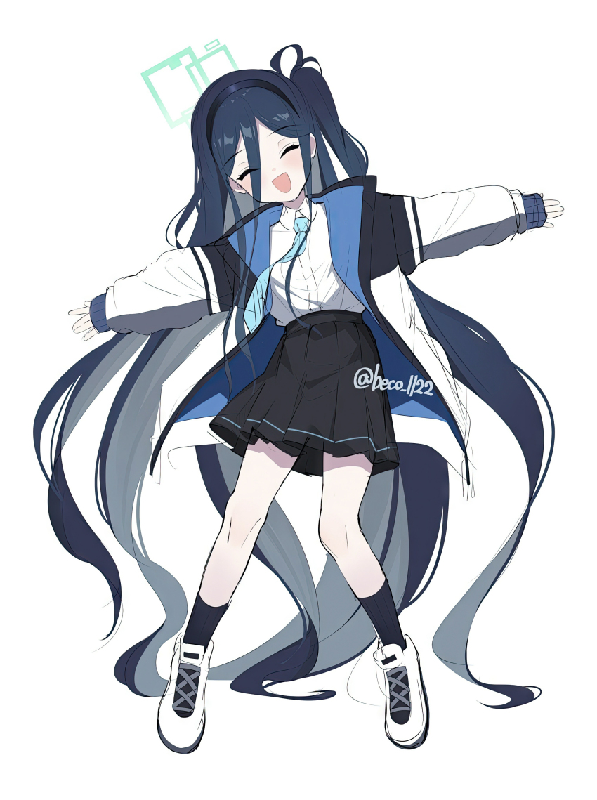 1girl :d ^_^ absurdly_long_hair absurdres aqua_halo aqua_necktie aris_(blue_archive) artist_name beko_(beco_1122) black_hairband black_jacket black_skirt black_socks blue_archive blue_hair blue_jacket blush closed_eyes collared_shirt facing_viewer floating_neckwear full_body hair_between_eyes hairband halo happy highres jacket leaning_to_the_side long_hair long_hair_between_eyes long_sidelocks long_sleeves multicolored_jacket necktie non-web_source one_side_up open_clothes open_jacket open_mouth outstretched_arms parted_bangs pleated_skirt rectangular_halo resized school_uniform shirt shirt_tucked_in shoes sidelocks simple_background skirt sleeves_past_wrists smile sneakers socks solo spread_arms standing third-party_edit third-party_source twitter_username two-sided_fabric two-sided_jacket upscaled very_long_hair white_background white_jacket white_shirt white_shoes