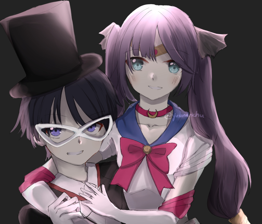 1boy 1girl bishoujo_senshi_sailor_moon black_hair blush breasts cosplay couple domino_mask genshin_impact gloves green_eyes grin hair_ornament hair_ribbon hat long_hair looking_at_viewer mask mona_(genshin_impact) purple_eyes purple_hair ribbon sailor_moon sailor_moon_(cosplay) scaramouche_(genshin_impact) short_hair smile top_hat tuxedo_kamen tuxedo_kamen_(cosplay) twintails very_long_hair yuunari