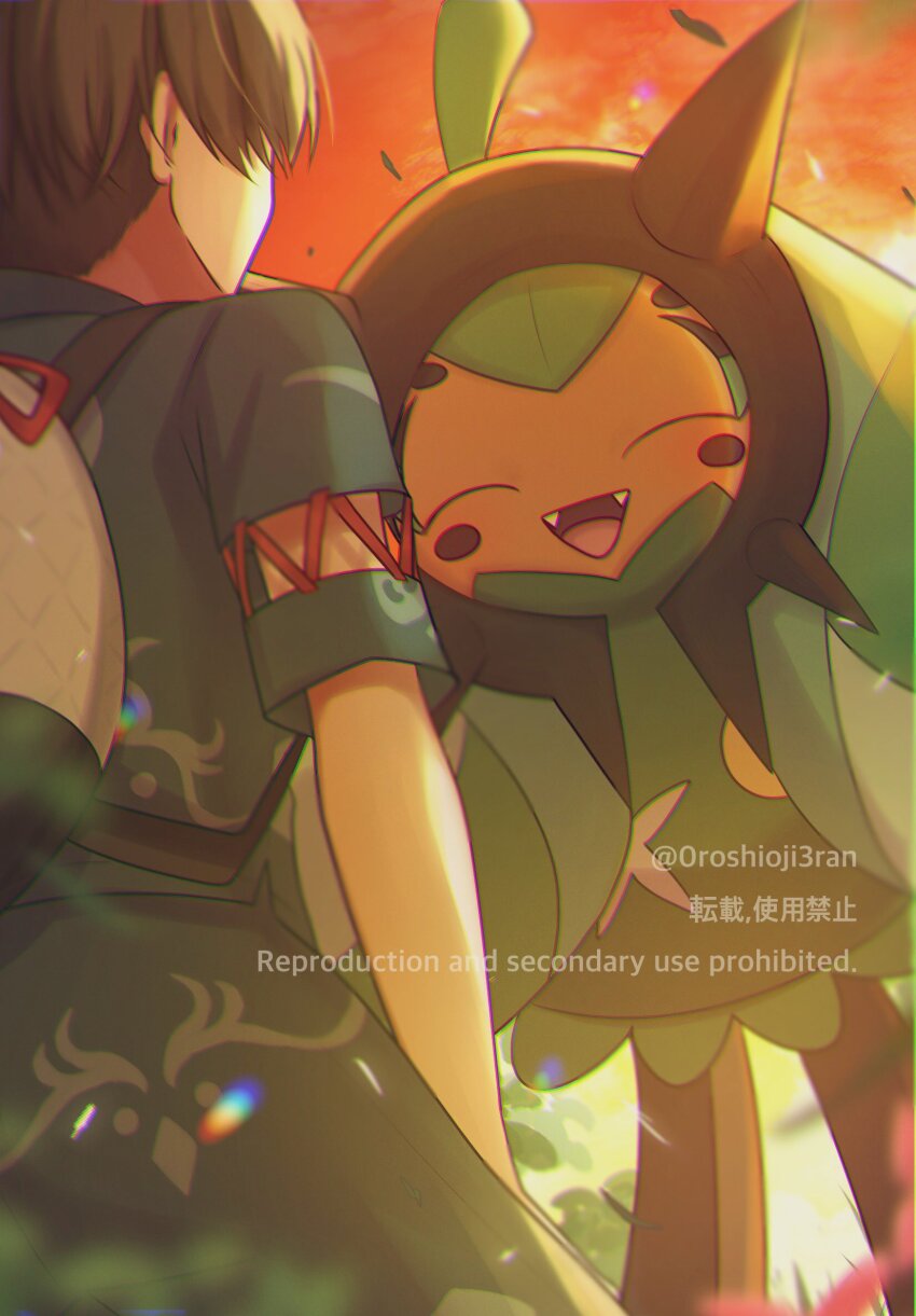 0roshioji3ran 1boy :d backpack bag blurry brown_hair commentary_request falling_leaves fangs florian_(pokemon) game_freak green_shirt green_shorts happy highres leaf male_focus nintendo ogerpon open_mouth outdoors pokemon pokemon_(creature) pokemon_sv shirt short_hair short_sleeves shorts sky smile tongue twilight twitter_username watermark