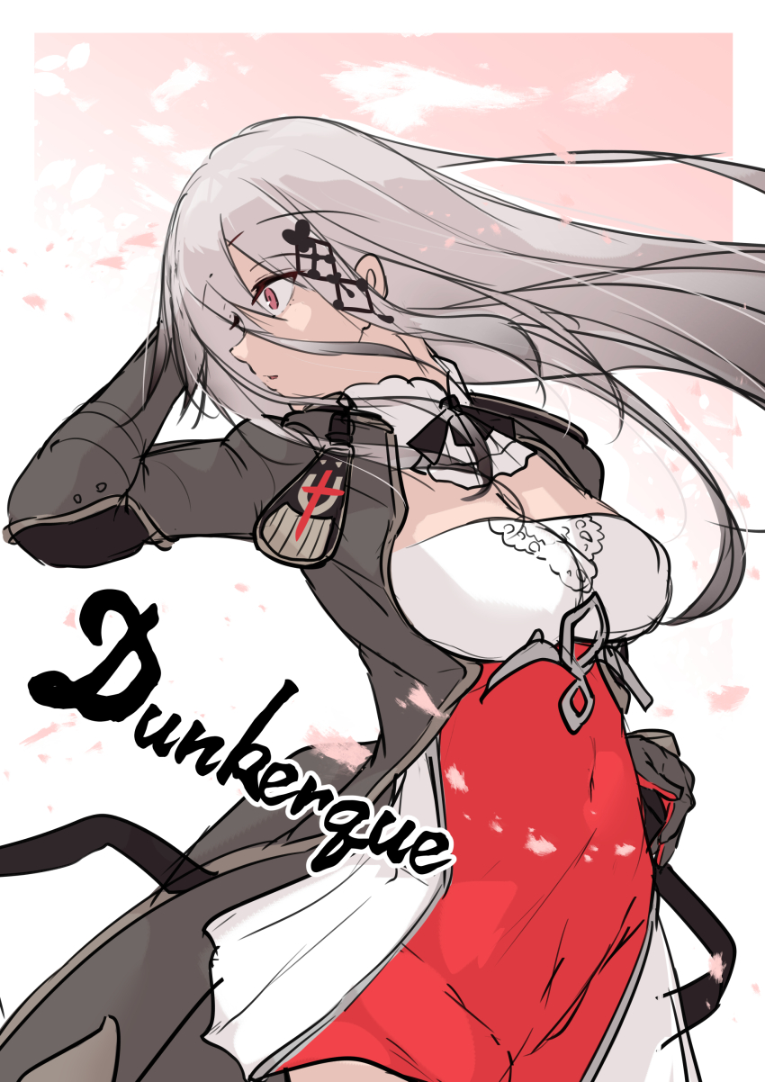 1girl absurdres arm_behind_head azur_lane black_gloves black_hair breasts character_name cleavage covered_navel dress dunkerque_(azur_lane) gloves gradient_hair grey_dress grey_hair hair_ornament hand_up highres large_breasts looking_to_the_side multicolored_hair oriue_wato red_dress red_eyes sketch solo two-tone_dress