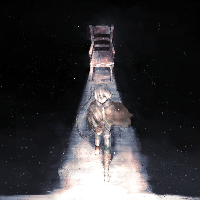 1boy absurdres blue_pants boots brown_cloak brown_gloves chair cloak crack_of_light from_above fumetsu_no_anata_e fur_cloak fushi gloves hair_between_eyes hand_up highres itabasami knee_boots looking_at_viewer male_focus pants rope sad short_hair snowing solo walking white_hair wide_shot wind yellow_eyes