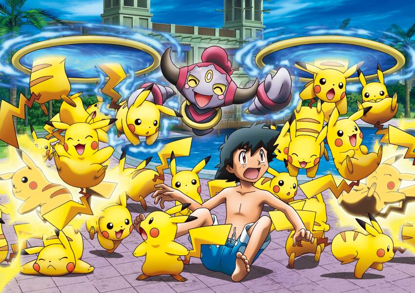 :&lt; :3 :o ^_^ absurdres artist_request ash_ketchum barefoot black_hair black_horns blue_shorts blue_sky brown_eyes building closed_eyes closed_mouth cloud day electricity falling floating gen_1_pokemon gen_6_pokemon grass highres hoopa hoopa_(confined) horns legendary_pokemon mythical_pokemon nintendo official_art open_mouth pikachu pink_hair pokemon pokemon_(anime) pokemon_(creature) pokemon_the_movie:_hoopa_and_the_clash_of_ages pokemon_xy_(anime) ponytail pool poolside portal_(object) rayman_limbs short_hair shorts sitting sky smile surprised swimsuit third-party_source too_many too_many_pikachu topless_male tree