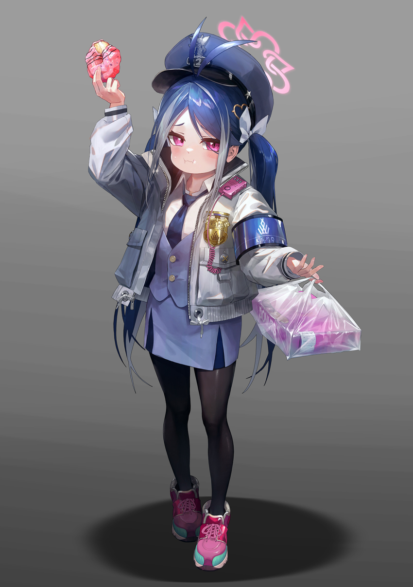 1girl armband black_pantyhose blue_archive blue_hair donut food fubuki_(blue_archive) grey_background grey_hair hat highres jacket miniskirt mo_ne multicolored_hair pantyhose pink_eyes school_uniform shoes skirt solo twitter two-tone_hair