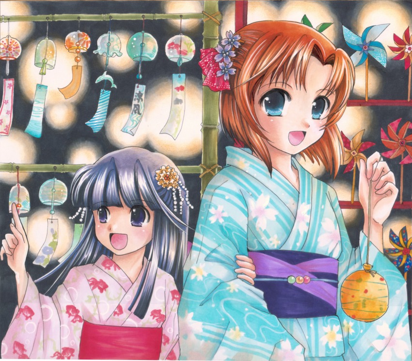 00s 2girls :d bad_id bad_pixiv_id blue_eyes blue_hair blue_kimono crease festival floral_print furude_rika gintarou_(puipuiginta) hair_ornament higurashi_no_naku_koro_ni japanese_clothes kimono multiple_girls obi open_mouth pink_kimono pinwheel print_kimono red_hair ryuuguu_rena sash scan smile striped_clothes striped_kimono traditional_media vertical-striped_clothes vertical-striped_kimono wind_chime yukata