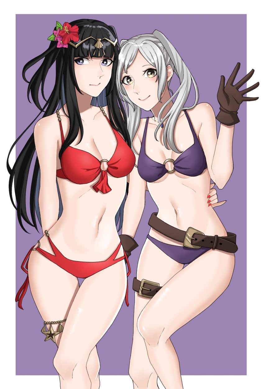 2girls ao_saryaruhu arm_at_side arm_behind_back belt bikini black_eyes black_hair breasts brown_eyes cleavage collarbone eyelashes female_focus fingernails fire_emblem fire_emblem_awakening fire_emblem_heroes flower front-tie_bikini_top front-tie_top gloves hair_flower hair_ornament hand_up happy highres hime_cut hug jewelry knee_up knees large_breasts legs light_blush long_hair matching_hair/eyes medium_breasts midriff multiple_girls nail_polish navel neck nintendo no_coat o-ring o-ring_bikini o-ring_top official_alternate_costume purple_bikini red_bikini red_nails robin_(female)_(fire_emblem) robin_(female)_(seaside_tactician)_(fire_emblem) robin_(fire_emblem) short_twintails shy sidelocks smile standing swept_bangs swimsuit tharja_(fire_emblem) tharja_(summer)_(fire_emblem) thigh_belt thigh_gap thigh_strap thighlet thighs tiara twintails underboob waving white_hair