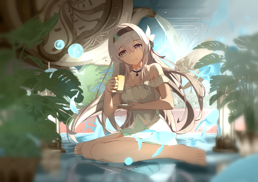 1girl absurdres black_hairband breasts cup dress firefly_(honkai:_star_rail) grey_hair hair_between_eyes hair_ornament hairband highres holding holding_cup honkai:_star_rail honkai_(series) long_hair looking_at_viewer medium_breasts multicolored_eyes off-shoulder_dress off_shoulder on_floor sitting smile two-tone_eyes wariza water whale white_dress xiaochen
