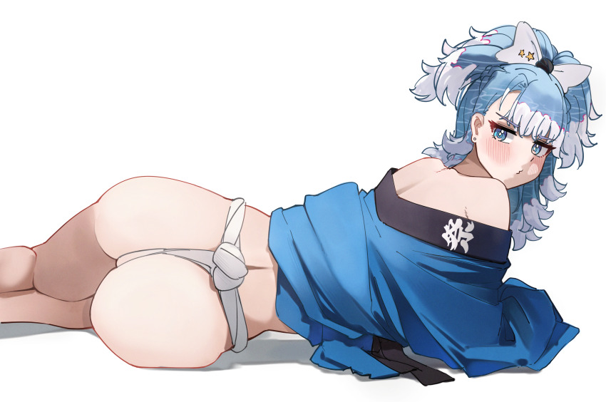 1girl absurdres alternate_costume ass ass_focus bare_legs blue_eyes blue_hair blue_happi blunt_bangs blush bow bright_pupils colored_tips commentary earrings from_behind fundoshi hair_bow happi high_ponytail highres hololive hololive_indonesia japanese_clothes jewelry kobo_kanaeru looking_at_viewer lying median_furrow mr_thecatman multicolored_hair o3o on_side ponytail robe_partially_removed simple_background solo stud_earrings virtual_youtuber white_background white_hair