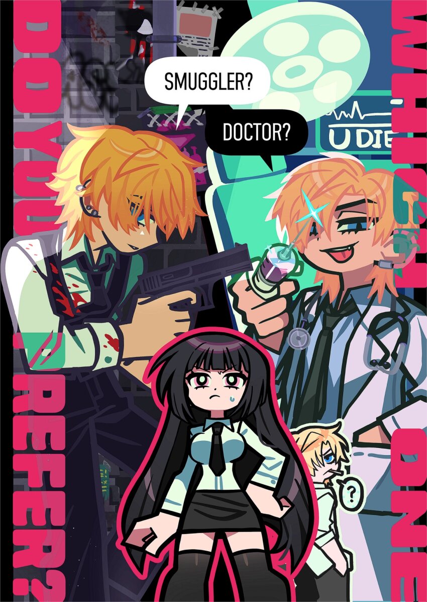 1boy 1girl ? black_hair black_necktie black_pants black_skirt black_thighhighs black_vest blonde_hair blood blood_on_clothes blue_eyes breasts brick_wall bright_pupils cardiogram cheese_burrito_(kkkkk88) cigarette closed_mouth coat collared_shirt commission degrees_of_lewdity doctor ear_piercing english_text fang frown glint graffiti green_necktie gun hair_over_one_eye hand_on_own_hip handgun highres holding holding_gun holding_syringe holding_weapon lab_coat large_breasts long_hair looking_at_viewer multiple_views necktie pants piercing pillarboxed pink_eyes player_character_(degrees_of_lewdity) player_character_(female)_(degrees_of_lewdity) school_uniform second-party_source shirt short_hair skirt smirk speech_bubble spoken_question_mark stethoscope sweat syringe thighhighs tongue tongue_out very_long_hair vest weapon white_coat white_pupils whitney_(degrees_of_lewdity) whitney_(male)_(degrees_of_lewdity) wing_collar
