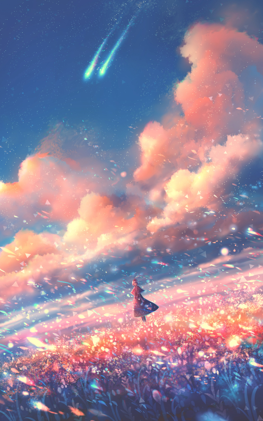 1girl autumn blue_sky boots brown_hair capelet cloud comet dress fantasy floating_hair flower green_eyes highres horizon looking_at_viewer meteor original outdoors prismatic_lines sakimori_(hououbds) scenery shooting_star short_hair sky sunset wind