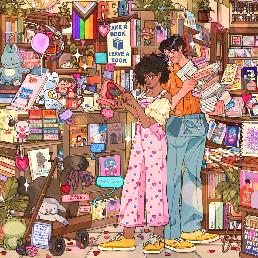 1boy 1girl absurdly_detailed_composition absurdres animal artimaking blue_pants book book_stack bookshelf bookstore brown_hair character_doll curly_hair dog doll english_text frog glasses highres holding holding_book indoors loaded_interior orange_shirt original overalls pants pink_overalls plant potted_plant scenery shirt shoes shop sign smile stuffed_animal stuffed_toy wagon