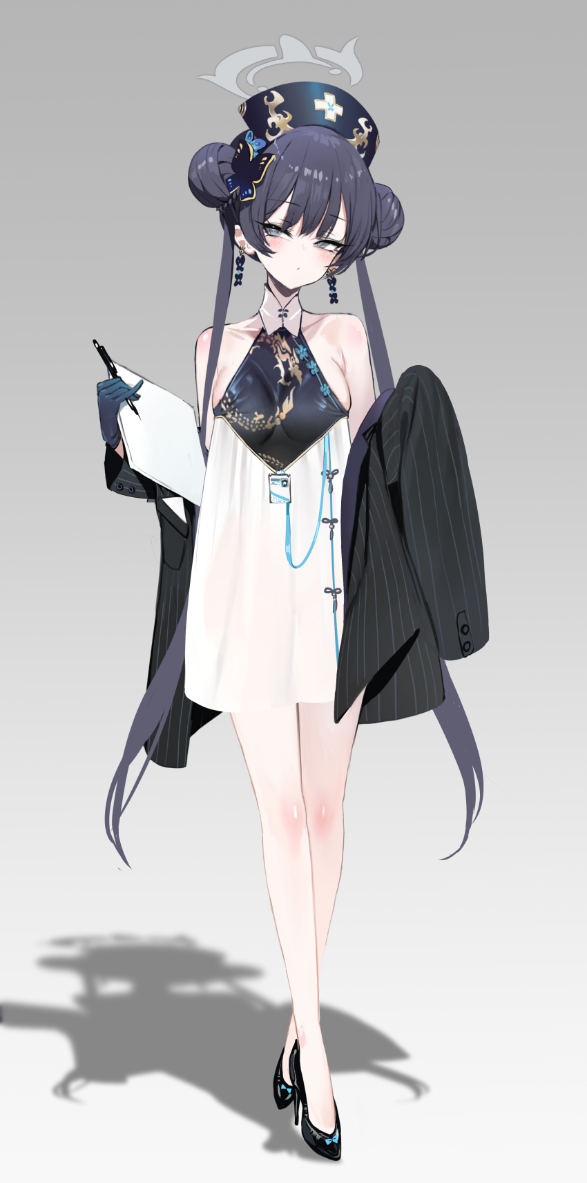 1girl absurdres aged_up alternate_breast_size bare_shoulders black_gloves black_hair black_hat blue_archive blush breasts butterfly_hair_ornament chinese_clothes clipboard coat commentary dishwasher1910 double_bun dragon_print dress dudou earrings english_commentary full_body gloves grey_coat grey_eyes hair_bun hair_ornament half_gloves halo hat high_heels highres jewelry kisaki_(blue_archive) large_breasts long_hair long_sleeves looking_at_viewer nurse_cap off_shoulder pen pinstripe_pattern twintails white_dress