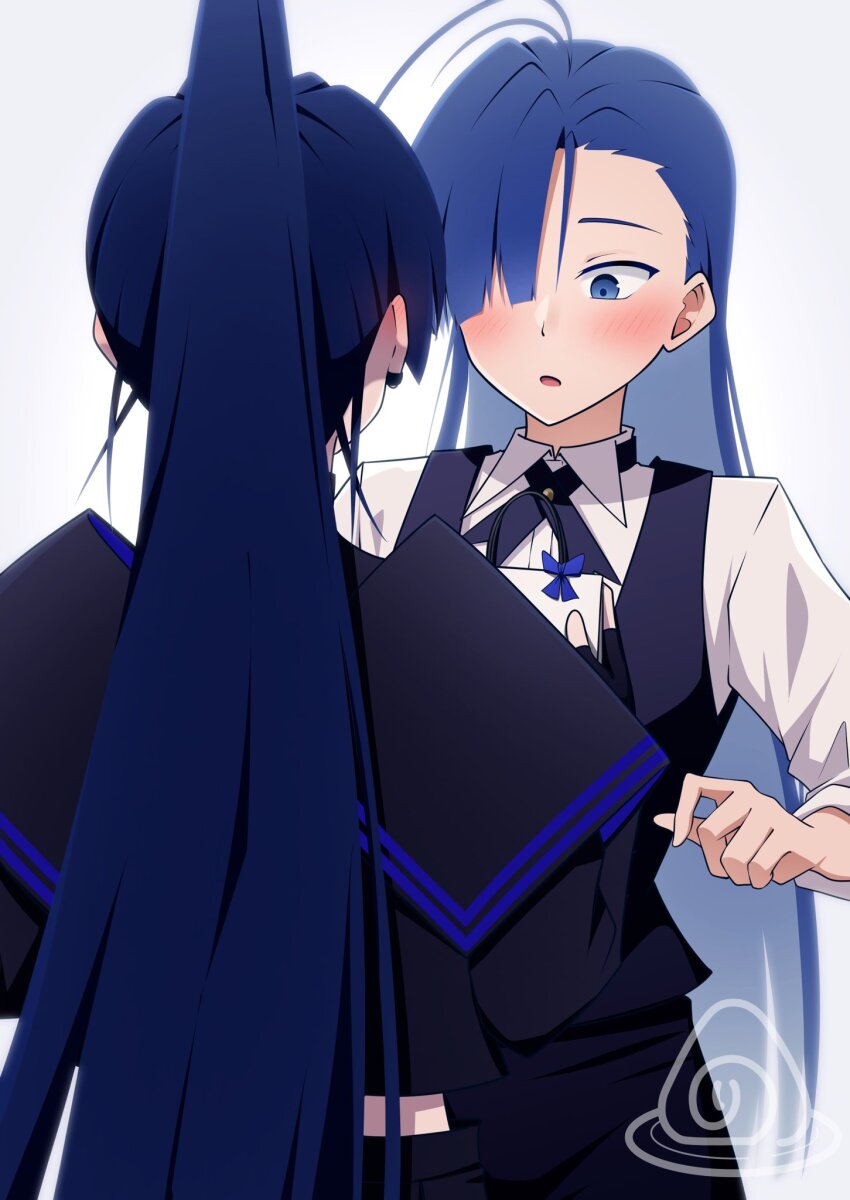 2girls ado_(utaite) ahoge black_gloves black_pants black_ribbon black_shirt black_vest blue_hair blush collared_shirt commentary_request dress_shirt fingerless_gloves gift gloves hair_over_one_eye highres long_hair merry_(ado) midriff_peek multiple_girls naima_(ado) neck_ribbon nori_(norinori_yrl) open_mouth pants ponytail readymade_(ado) ribbon shirt simple_background three-quarter_sleeves usseewa very_long_hair vest white_background white_shirt