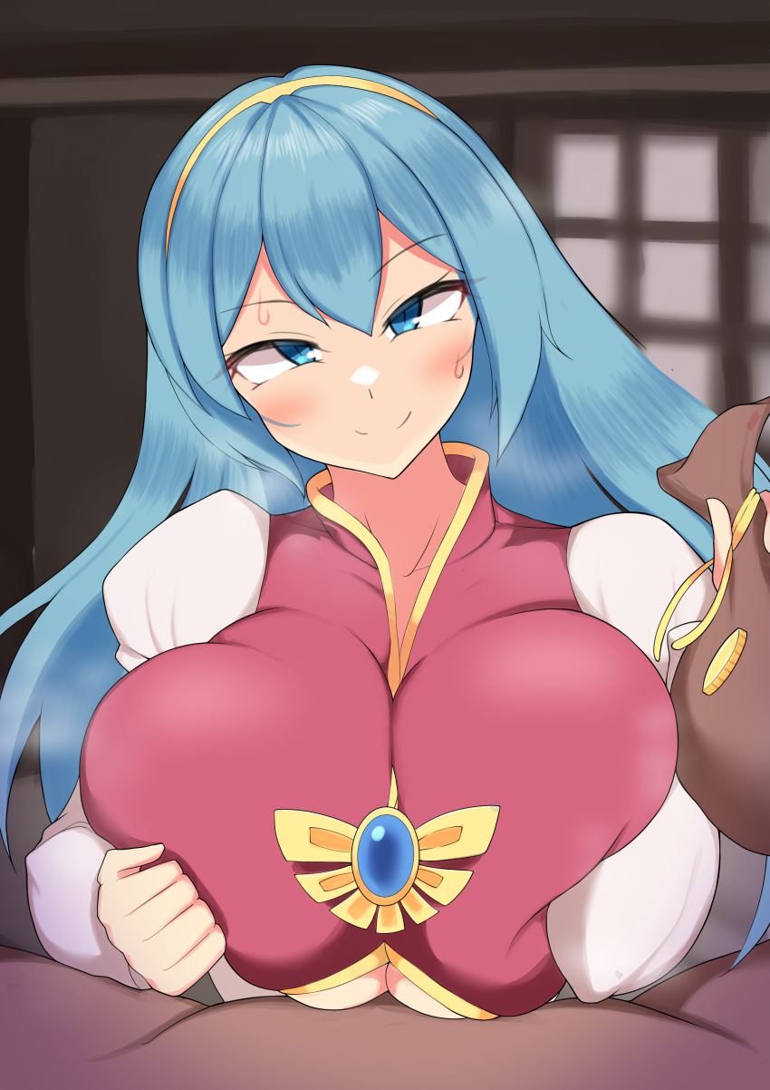 1boy 1girl absurdres blue_eyes blue_hair blush breasts breasts_squeezed_together breath clothed_paizuri coins dress estpolis_denki eye_contact gem hairband hetero highres holding jewelry large_breasts long_hair looking_at_another looking_at_viewer lufia merchant money money_bag naughty_face okera_mushi paizuri paizuri_under_clothes pov puffy_sleeves smile smug steam sweat tia_(estpolis_denki)