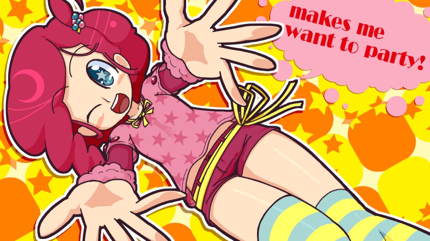 1girl blue_eyes breasts dutch_angle facing_viewer female_focus liczka long_sleeves looking_at_viewer one_eye_closed open_mouth party_girl_(terraria) pink_hair short_hair short_shorts shorts small_breasts smile solo speech_bubble star-shaped_pupils star_(symbol) symbol-shaped_pupils terraria thighhighs wink