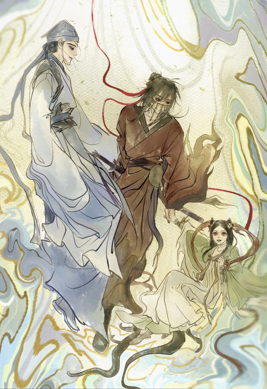1girl 2boys absurdres black_boots black_eyes black_hair black_nails blue_hat boots brown_hair chinese_clothes chinese_commentary chumo-qulingxiao closed_mouth coin coin_mask covered_mouth dao_gui_yi_xian dress floating flower full_body gourd green_dress green_hanfu hair_bun hair_flower hair_ornament hair_ribbon hair_rings hanfu hat hat_ribbon highres holding holding_hands holding_sword holding_weapon holed_coin jin_(headwear) li_huowang li_sui_(princess_anping) long_hair long_sleeves looking_at_another mask monster_girl mouth_veil multiple_boys nail_polish open_mouth parted_lips qixiong_ruqun red_eyes red_hanfu red_ribbon red_shawl ribbon robe sash shawl sheath sheathed single_hair_bun smile swirl sword sword_tassel tassel tentacles torn_clothes updo veil weapon white_boots white_flower white_hanfu wide_sleeves zhouzi_jin_(headwear) zhuge_yuan