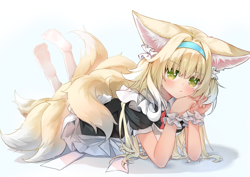 1girl absurdres animal_ear_fluff animal_ears arknights barefoot blonde_hair blue_hairband blush closed_mouth dx.dix feet feet_up frills full_body green_eyes hairband highres long_hair looking_at_viewer lying maid multicolored_hair multiple_tails on_stomach short_sleeves soles solo streaked_hair suzuran_(arknights) tail the_pose toes white_hair white_tail yellow_tail