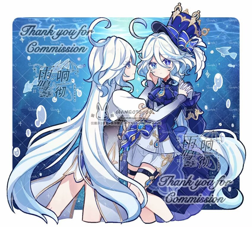 2girls ahoge ameoto_00 ascot blue_ascot blue_eyes blue_gemstone blue_hair blue_jacket blue_pupils closed_mouth commentary commission cropped_legs dress drop-shaped_pupils furina_(genshin_impact) gem genshin_impact hair_between_eyes hand_on_another&#039;s_face heterochromia holding_hands interlocked_fingers jacket long_hair long_sleeves looking_at_another looking_at_viewer multicolored_hair multiple_girls ouji_fashion shorts streaked_hair symbol-only_commentary symbol-shaped_pupils teardrop-shaped_gem thigh_strap very_long_hair white_dress white_hair white_shorts