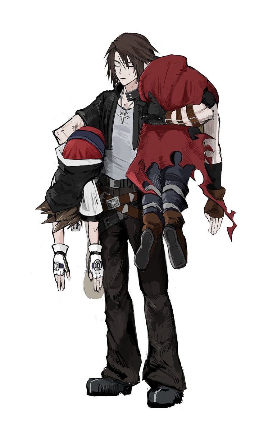 3boys absurdres belt black_boots black_gloves black_jacket black_pants blue_pants boots brown_boots brown_gloves brown_hair carrying_over_shoulder chain chain_necklace child cho5782 cloak closed_eyes cloud_strife cropped_jacket final_fantasy final_fantasy_vii final_fantasy_viii fingerless_gloves full_body gloves hair_between_eyes highres hood hooded_jacket jacket jewelry kingdom_hearts loose_belt male_focus medium_hair multiple_belts multiple_boys necklace overalls pants red_cloak red_overalls scar scar_on_face scar_on_forehead shirt short_hair sora_(kingdom_hearts) spiked_hair squall_leonhart sweatdrop torn_cloak torn_clothes white_background white_gloves white_shirt