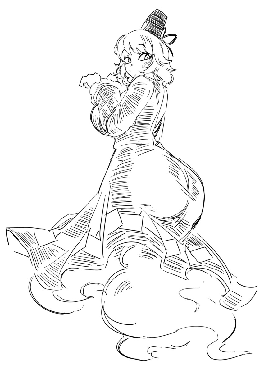 1girl bamman blush breasts dress full_body ghost ghost_tail greyscale hat highres large_breasts long_sleeves looking_at_viewer looking_back monochrome ofuda ofuda_on_clothes short_hair simple_background soga_no_tojiko solo sweatdrop tate_eboshi touhou