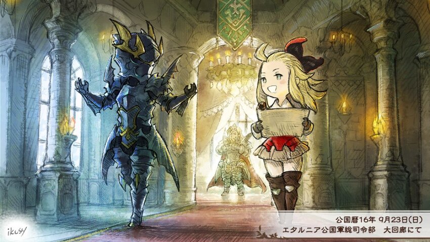 1girl 2boys ahoge alternis_dim armor bangs_pinned_back black_armor blonde_hair blue_eyes boots bow braev_lee bravely_default:_flying_fairy bravely_default_(series) edea_lee full_armor gloves hair_bow helmet holding holding_scroll ikusy long_hair multiple_boys official_art pants scroll thigh_boots white_pants