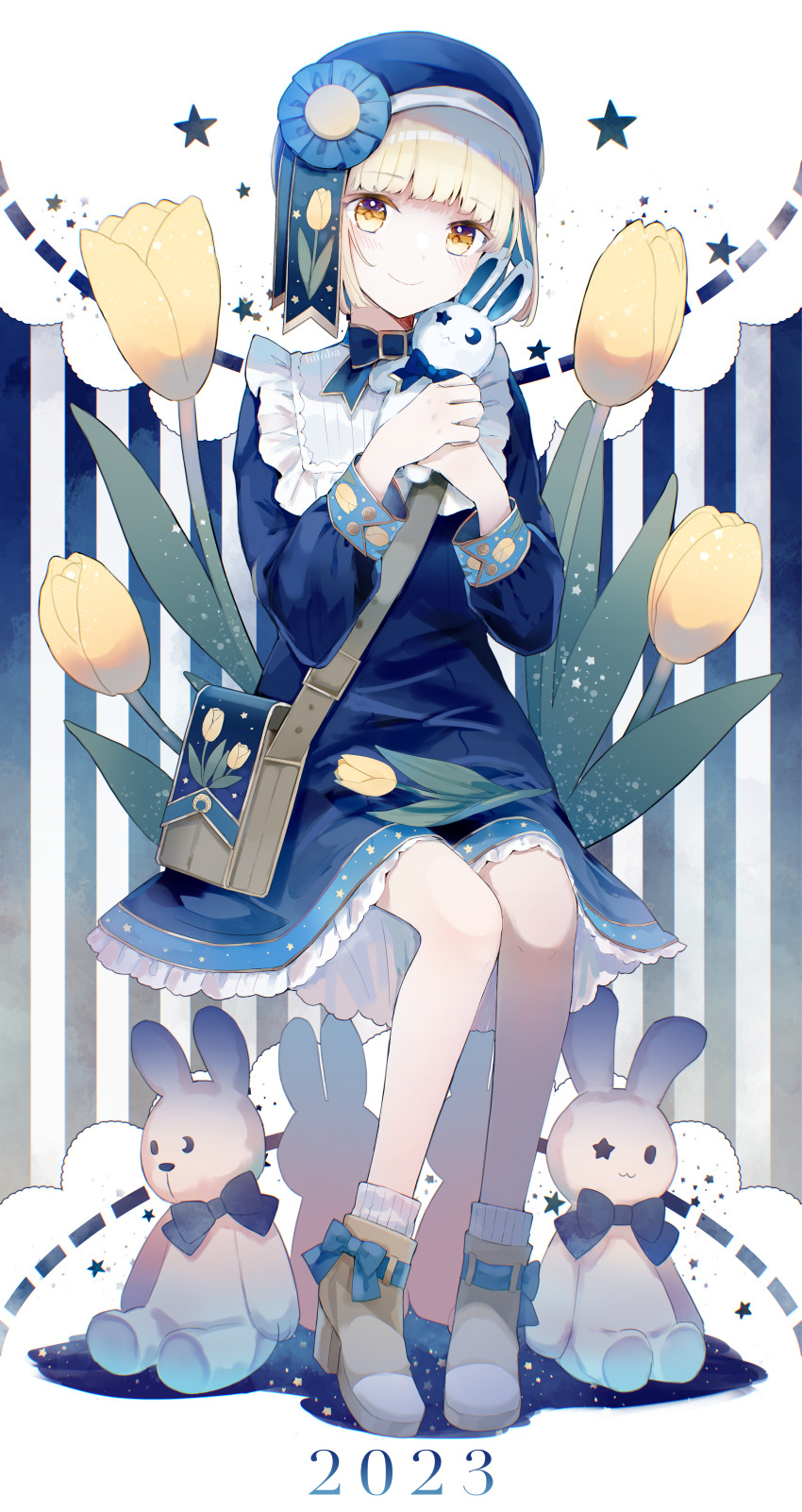 1girl 2023 absurdres artoria_(hitoba) bag blonde_hair blue_dress blue_ribbon boots dress flower full_body happy_new_year hat high_heel_boots high_heels highres hitoba new_year non-web_source original ribbon short_hair smile star_(symbol) stuffed_animal stuffed_rabbit stuffed_toy tulip yellow_eyes yellow_flower