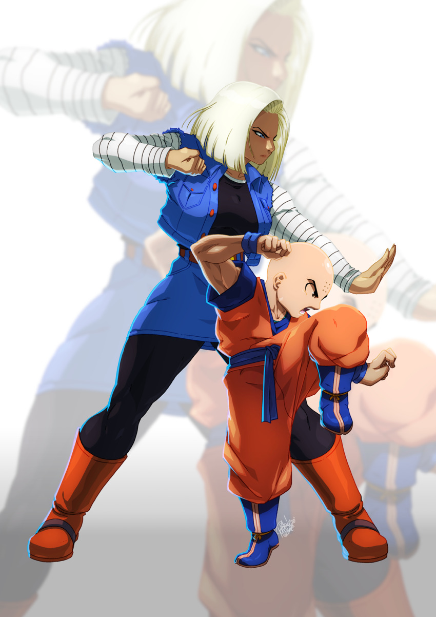 1boy 1girl android_18 bald bald_male black_hair blonde_hair blue_eyes couple dragon_ball fighting_stance highres husband_and_wife kuririn martial_arts muscular muscular_male serious sideview