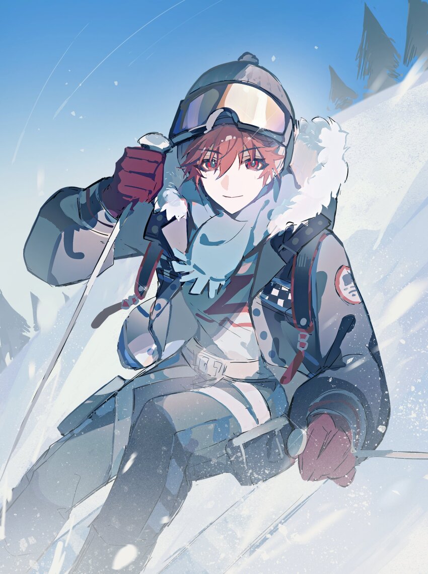 1boy absurdres beanie black_jacket brown_hair chinese_commentary closed_mouth ensemble_stars! fur-trimmed_jacket fur_trim gloves goggles goggles_on_head grey_scarf hair_between_eyes hat highres jacket looking_at_viewer male_focus morisawa_chiaki pom_pom_(clothes) pom_pom_beanie ppzi567 red_eyes red_gloves scarf short_hair skiing smile snow solo tinted_eyewear
