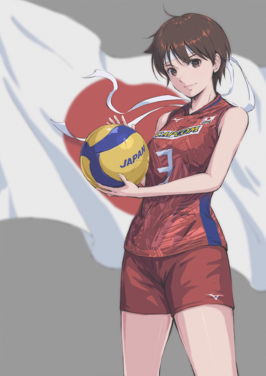 absurdres ball bare_shoulders brown_eyes brown_hair capcom commentary headband highres holding holding_ball japanese_flag kasugano_sakura mizuno_(brand) red_shirt red_shorts shirt short_hair shorts sleeveless sleeveless_shirt sportswear standing street_fighter tyanoki volleyball volleyball_(object) volleyball_uniform white_headband