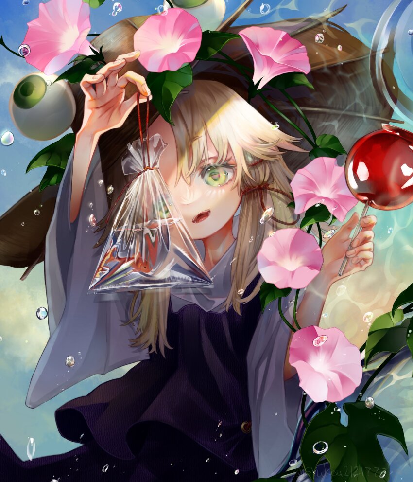 1girl blonde_hair brown_hat candy_apple commentary_request fish flower food green_eyes hat highres long_sleeves medium_hair moriya_suwako open_mouth purple_skirt purple_vest shirt skirt syukou touhou turtleneck vest white_shirt wide_sleeves