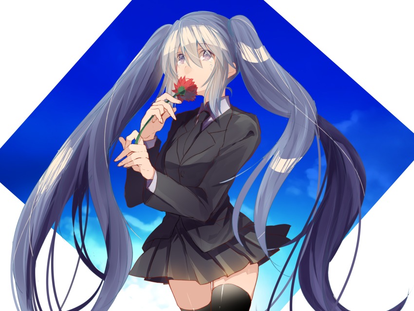 1girl black_jacket black_necktie black_skirt black_thighhighs blue_eyes blue_hair cowboy_shot creat_(kuribeni) female_focus floating_hair flower hair_between_eyes hatsune_miku hatsune_miku_(saihate) highres holding holding_flower jacket long_hair miniskirt necktie pleated_skirt red_flower saihate_(vocaloid) shiny_clothes shirt skirt solo standing thighhighs twintails very_long_hair vocaloid white_background white_shirt zettai_ryouiki