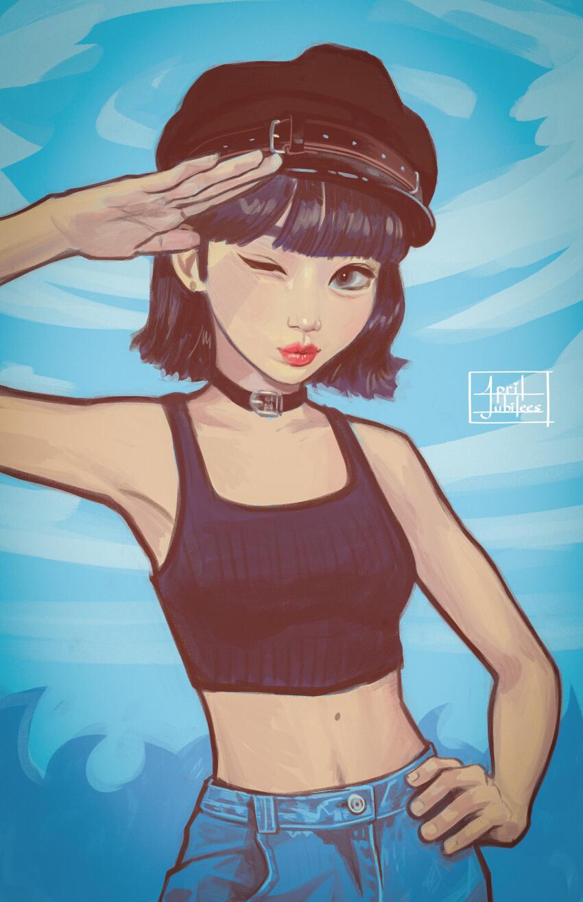 1girl absurdres april_jubilees artist_name black_collar black_hat black_tank_top blue_pants breasts cloud collar commentary denim english_commentary grey_eyes hand_on_own_hip hat highres jeans k-pop kim_chae-won le_sserafim looking_to_the_side midriff mole mole_on_stomach navel one_eye_closed pants real_life red_lips salute sky small_breasts smile solo tank_top y2k_fashion