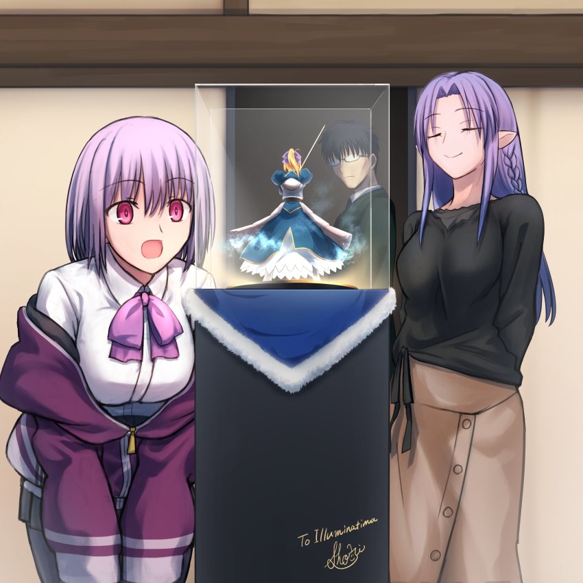 absurdres artist_request artoria_pendragon_(fate) black_hair bow braid closed_eyes collared_shirt commission crossover display_case fate/stay_night fate_(series) figure glasses gridman_universe highres jacket kuzuki_souichirou medea_(caster)_(fate) medea_(fate) opaque_glasses pantyhose pointy_ears purple_hair saber_(fate) shinjou_akane shirt ssss.gridman