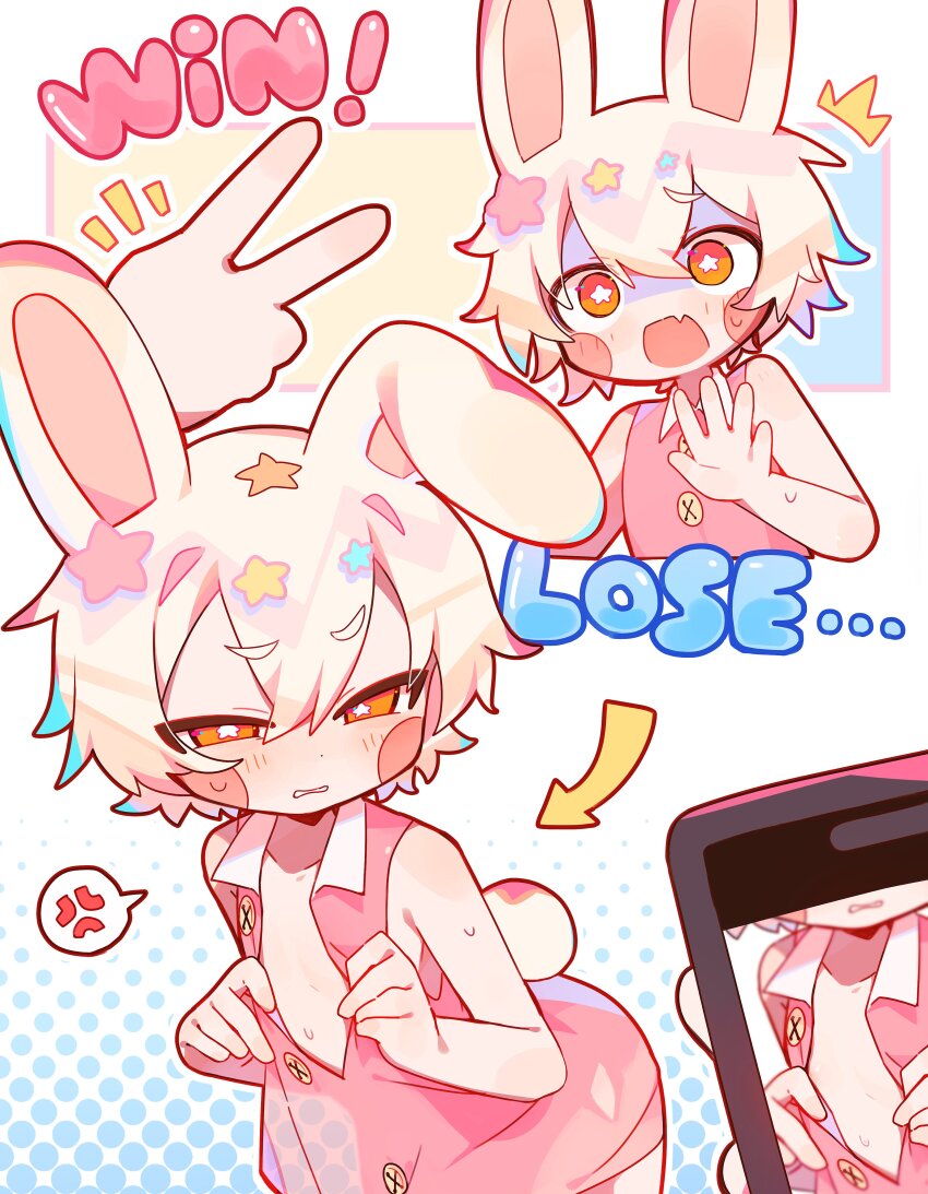 1boy 1other absurdres anger_vein animal_ears arrow_(symbol) bad_id bad_twitter_id blush_stickers cellphone dress embarrassed fang hair_between_eyes hair_ornament halftone halftone_background highres holding holding_phone leaning_forward male_focus open_mouth orange_eyes original partially_shaded_face phone pulling_own_clothes rabbit_ears short_dress short_hair single_ear_down skin_fang sleeveless sleeveless_dress smartphone solo_focus spoken_anger_vein star-shaped_pupils star_(symbol) star_hair_ornament surprised sweat symbol-shaped_pupils taking_picture trap uenomigi v