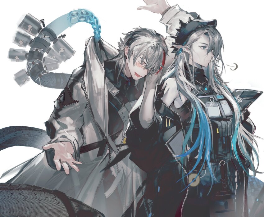 1boy 1girl aqua_hair arknights elysium_(arknights) grey_hair highres long_hair looking_at_viewer mantra_(arknights) multicolored_hair old old_woman pointy_ears skolly snake_girl two-tone_hair