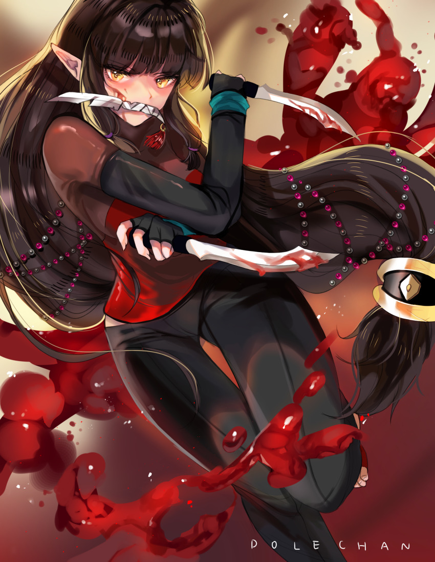 1girl absurdres bad_source bandages black_hair black_pants blood bloody_weapon blunt_bangs braid dungeon_and_fighter elbow_gloves fingerless_gloves gloves hair_ornament highres holding holding_knife holding_weapon jewelry knife long_hair looking_at_viewer pants pointy_ears shadow_dancer_(dungeon_and_fighter) slippers thief_(dungeon_and_fighter) twin_braids very_long_hair weapon yellow_eyes