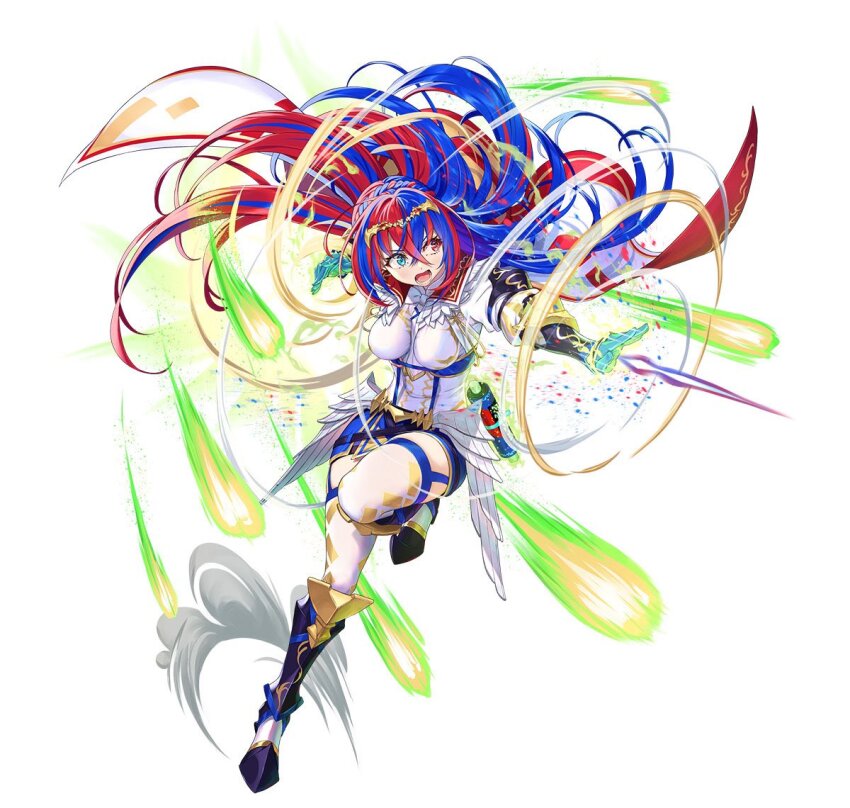 1girl armor blue_eyes blue_hair braid breasts crossed_bangs crown_braid female_alear_(awoken_divinity)_(fire_emblem) female_alear_(fire_emblem) fire_emblem fire_emblem_engage fire_emblem_heroes full_body gloves heterochromia jewelry kousei_horiguchi long_hair looking_at_viewer medium_breasts multicolored_hair nintendo official_art red_eyes smile solo split-color_hair tiara two-tone_hair very_long_hair