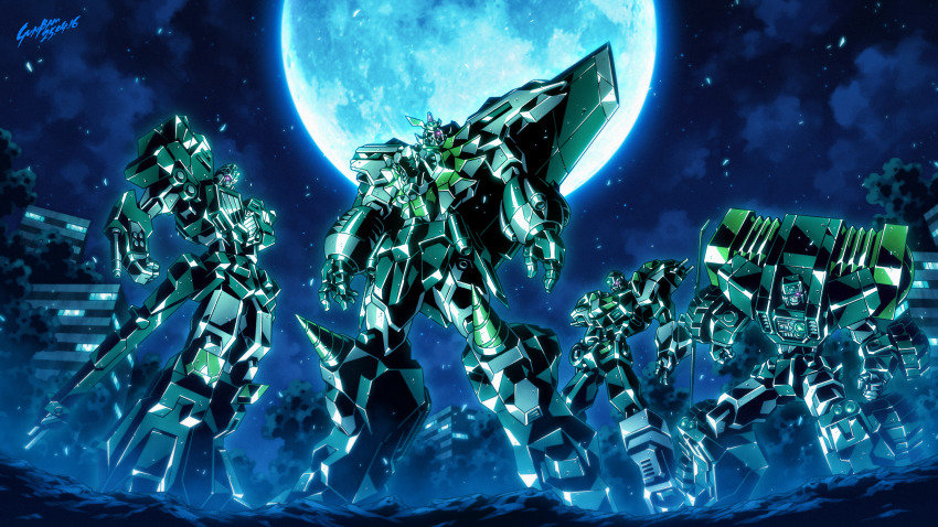 absurdres artist_name babamba big_volfogg building chouryuujin clenched_hands commentary_request drill full_moon gaogaigar glowing glowing_eye goldymarg highres light_particles looking_down mecha moon night night_sky no_humans robot science_fiction sky standing super_robot wings yuusha_ou_gaogaigar yuusha_series