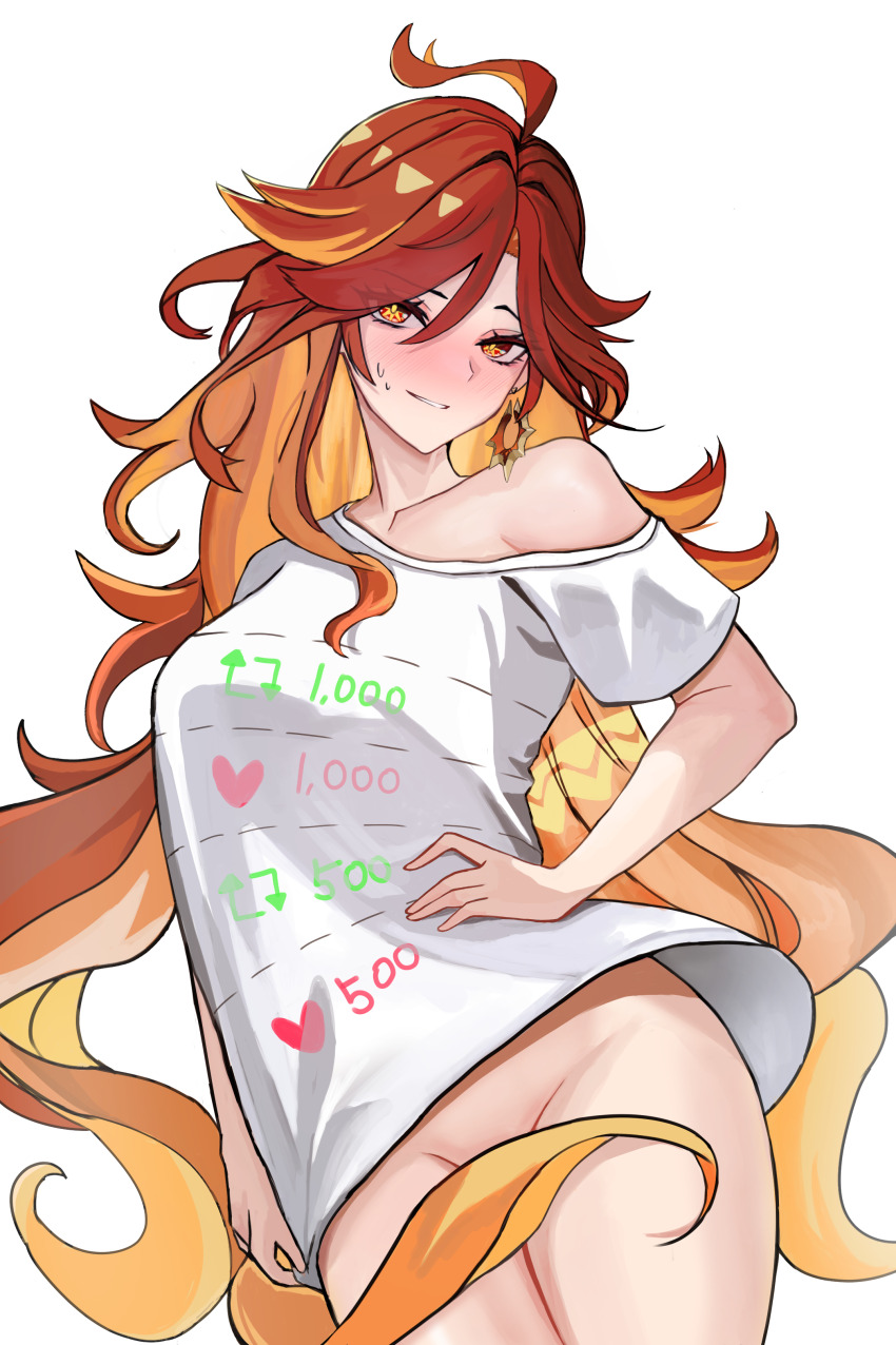 1girl absurdres ahoge bare_shoulders blonde_hair blush breasts closed_mouth collarbone cowboy_shot ear_piercing earrings genshin_impact hand_on_own_hip highres hoop_earrings jewelry large_breasts long_hair looking_at_viewer mavuika_(genshin_impact) multicolored_hair no_panties piercing red_eyes red_hair sevenninet47503 shirt smile solo standing streaked_hair sun_earrings sweat symbol-shaped_pupils symbol_in_eye t-shirt twitter_cutting_game very_long_hair white_background white_shirt yellow_eyes
