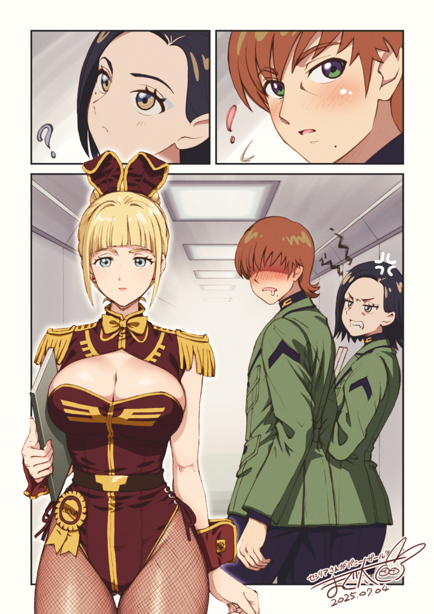 ! 1boy 2girls ? adapted_uniform anger_vein angry animal_ear_hairband animal_ears black_hair blonde_hair blue_eyes blue_eyeshadow blunt_bangs blush bow bowtie breasts brown_hair cecilia_irene character_name cleavage clenched_teeth closed_mouth commentary_request comoli_harcourt dated distracted_boyfriend_(meme) drooling epaulettes eyeshadow fake_animal_ears fishnet_pantyhose fishnets forehead green_eyes green_jacket gundam gundam_gquuuuuux hair_bun hairband highleg highleg_leotard highres holding holding_tablet_pc jacket jealous large_breasts leotard lipstick long_hair long_sleeves looking_at_another looking_at_viewer looking_back maguta makeup meme military military_jacket military_uniform mole mole_under_eye mole_under_mouth multicolored_eyes multiple_girls open_mouth pantyhose playboy_bunny rabbit_ear_hairband rabbit_ears rabbit_girl red_leotard red_shrug short_hair shrug_(clothing) side-tie_leotard single_hair_bun smile standing strapless strapless_leotard tablet_pc teeth turning_head two-tone_eyes wrist_cuffs xavier_olivette yellow_eyes