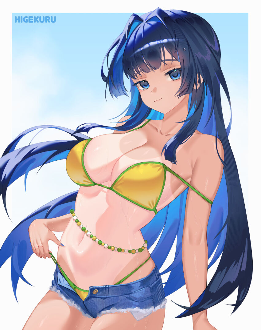 1girl absurdres alternate_costume armpit_crease artist_name bare_shoulders beads belly_chain bikini bikini_under_shorts blue_eyes blue_hair blue_nails blunt_bangs border brazilian_miku brazilian_miku_(cosplay) breasts cleavage collarbone colored_inner_hair commentary cosplay cowboy_shot denim denim_shorts exposed_pocket green_trim hair_intakes hatsune_miku higekuru highres hololive hololive_english jewelry large_breasts light_smile long_hair looking_at_viewer micro_shorts multicolored_hair navel one-piece_tan open_fly ouro_kronii outside_border shorts sky solo stomach strap_pull strap_slip swimsuit tan tanline virtual_youtuber vocaloid wet wet_hair white_border yellow_bikini