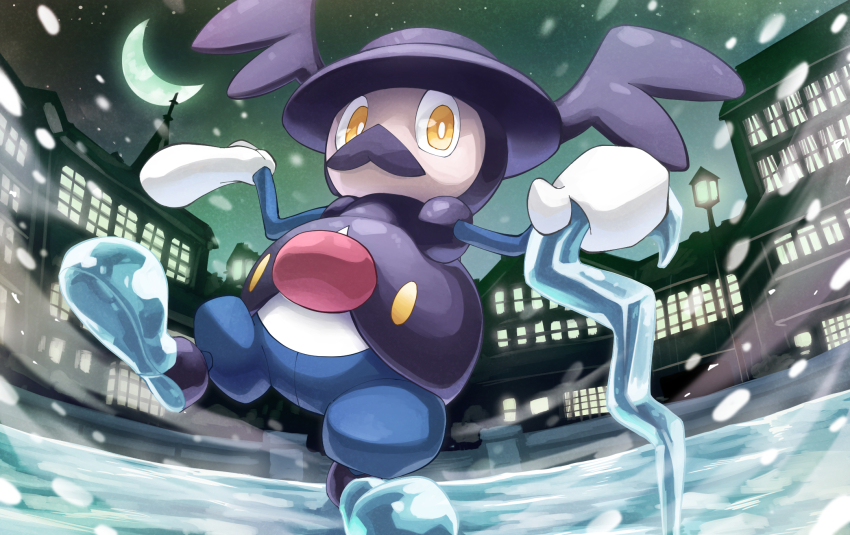 bright_pupils building cane commentary_request crescent_moon from_below game_freak gen_8_pokemon hakuginnosora highres holding holding_cane ice lamppost leg_up moon mr._rime night nintendo outdoors pokemon pokemon_(creature) sky solo standing standing_on_one_leg star_(sky) white_pupils yellow_eyes