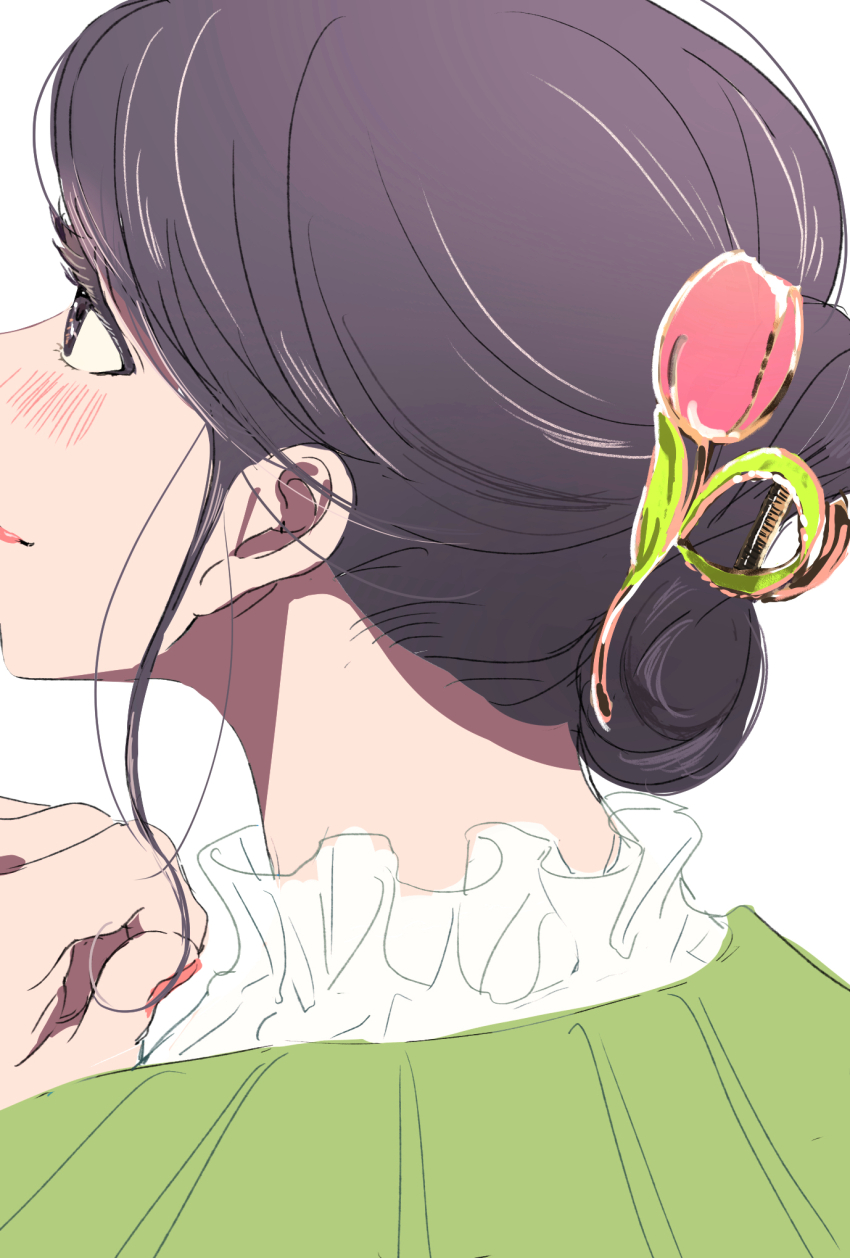 1girl anarchy_ptck bad_id bad_twitter_id black_hair blush close-up commentary_request flower from_behind hair_flower hair_ornament hairclip hand_up highres original red_flower red_tulip simple_background smile solo tulip updo white_background