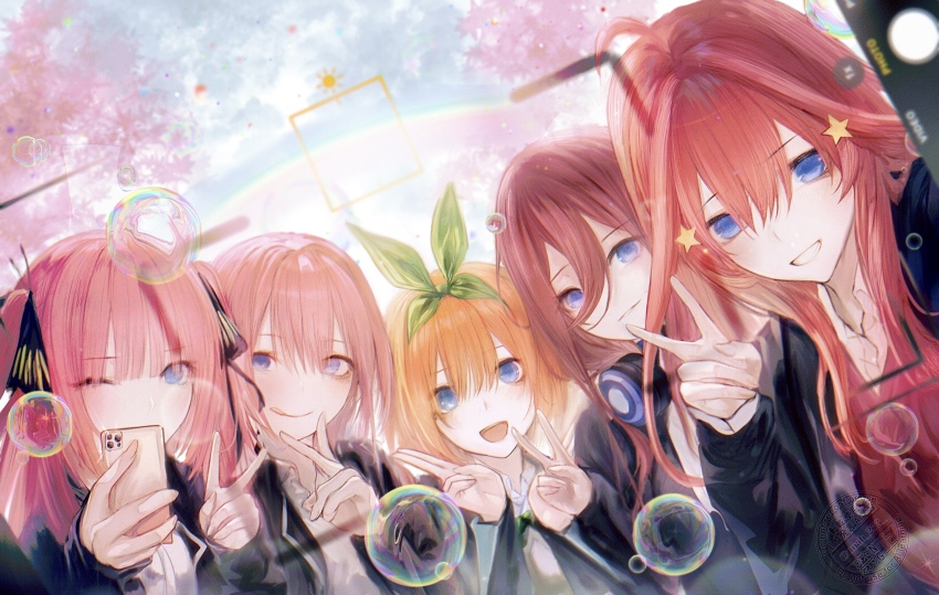 5girls absurdres ahoge black_jacket blazer blue_eyes butterfly_hair_ornament cellphone clenched_teeth closed_mouth cloud cloudy_sky commentary_request day double_v go-toubun_no_hanayome green_ribbon hair_between_eyes hair_ornament hair_ribbon headphones headphones_around_neck highres holding holding_phone jacket long_hair long_hair_between_eyes long_sleeves looking_at_viewer multiple_girls nakano_ichika nakano_itsuki nakano_miku nakano_nino nakano_yotsuba one_eye_closed open_mouth orange_hair outdoors phone pink_hair quintuplets rainbow renoahh revision ribbon school_uniform selfie siblings sisters sky smartphone smile soap_bubbles star_(symbol) star_hair_ornament taking_picture teeth tongue tongue_out v viewfinder watermark winter_uniform