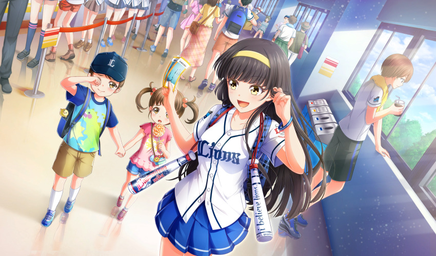 :d backpack bag bag_charm baseball_cap baseball_uniform black_hair black_shorts blue_footwear blue_hat blue_shorts blue_skirt blunt_bangs charm_(object) cinderella_series crowd cup disposable_cup drinking_straw dutch_angle film_grain game_cg hachigatsu_no_cinderella_nine hair_bobbles hair_ornament hairband hand_in_own_hair hat highres holding holding_cup holding_hands holding_ticket indoors light_particles light_rays long_hair looking_at_another multiple_boys multiple_girls nippon_professional_baseball non-web_source official_art open_mouth pink_shirt pink_shoes pleated_skirt print_shirt saitama_seibu_lions shirt shoes shorts skirt smile socks sportswear stanchion sunbeam sunlight teardrop tears ticket trash_can tsukishima_yui_(hachigatsu_no_cinderella_nine) walking white_socks window wiping_tears yellow_eyes yellow_hairband