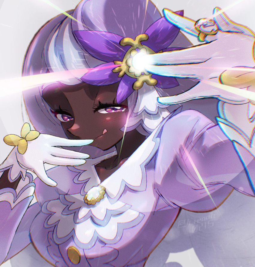 1girl ascot blush breasts center_frills dark-skinned_female dark_skin dress frilled_ascot frills glowing h_renah hair_ornament jacinthe_(pokemon) juliet_sleeves lips long_sleeves looking_at_viewer low_drills mega_stone nintendo pokemon pokemon_legends:_z-a puffy_sleeves purple_dress purple_eyes purple_hair smile solo tongue tongue_out very_dark_skin
