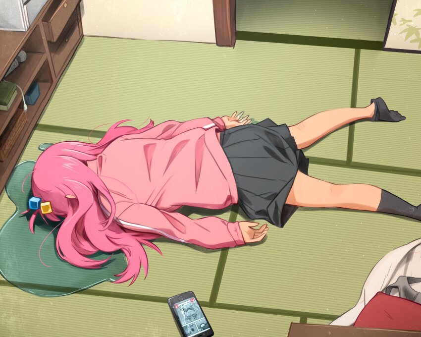 1girl absurdres back_peek black_skirt black_socks bocchi_the_rock! cable commentary crying cube_hair_ornament emergence_(shindol) english_commentary gotoh_hitori hair_ornament highres hitachi_magic_wand implied_after_masturbation indoors jacket khyle. kneehighs kneepits long_hair long_sleeves lying on_stomach one_side_up open_door panties phone pink_hair pink_jacket pleated_skirt puddle pussy_juice_stain sex_toy shouji skirt sliding_doors socks solo underwear unworn_panties vibrator water when_you_see_it