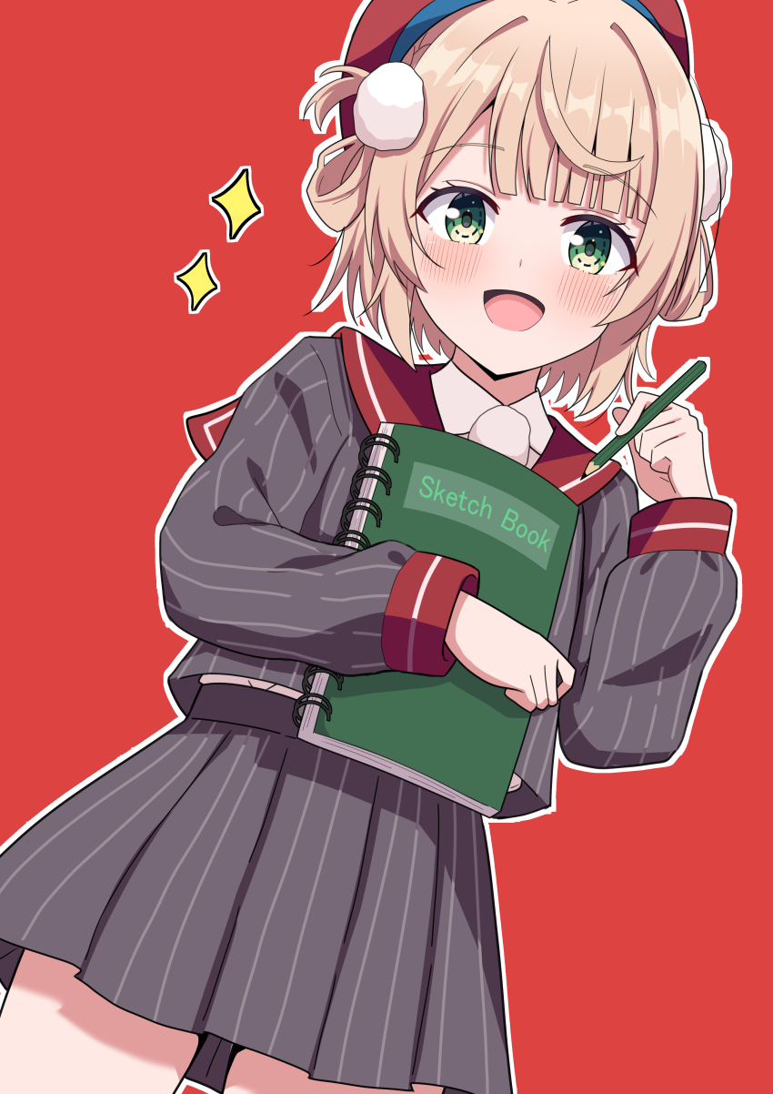 1girl absurdres beret blush book brown_hair green_eyes grey_shirt grey_skirt hat highres holding holding_book holding_pencil hosinonana indie_virtual_youtuber looking_at_viewer open_mouth pencil red_hat shigure_ui_(vtuber) shigure_ui_(vtuber)_(1st_costume) shirt short_hair sketchbook skirt smile solo virtual_youtuber