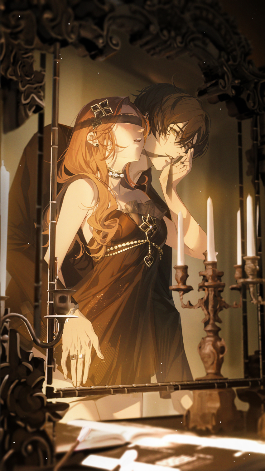 1boy 1girl absurdres black_dress black_eyes blindfold blonde_hair brown_hair candlestand dress earrings highres jewelry light_and_night_love long_hair mouth_hold open_mouth protagonist_(light_and_night_love) ring short_hair sleeveless sleeveless_dress teeth tuzhate xiao_yi_(light_and_night_love)