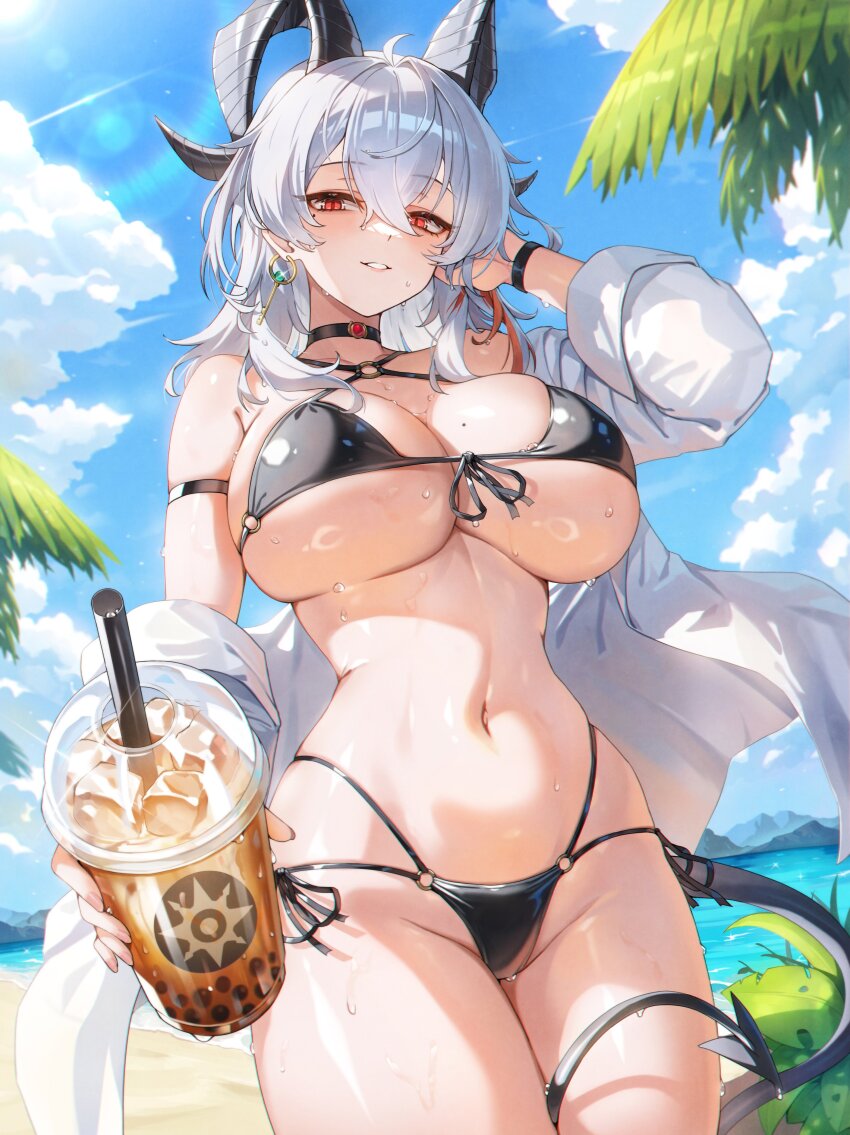 1girl absurdres alternate_costume arm_strap bare_shoulders beach bikini black_bikini black_choker black_horns black_tail blue_sky breasts choker collarbone commentary cowboy_shot criss-cross_halter cup curled_horns day demon_tail disposable_cup drinking_straw earrings front-tie_bikini_top front-tie_top groin hair_between_eyes halterneck hand_up highres holding holding_cup horns jewelry key_earrings large_breasts linea_alba long_hair looking_at_viewer mole mole_on_breast mole_under_eye morung multi-strapped_bikini_bottom multicolored_hair navel open_clothes open_shirt outdoors parted_lips red_eyes sand shirt shore side-tie_bikini_bottom sky smile solo stomach streaked_hair swimsuit tail water wet white_hair white_shirt wuthering_waves zani_(wuthering_waves)